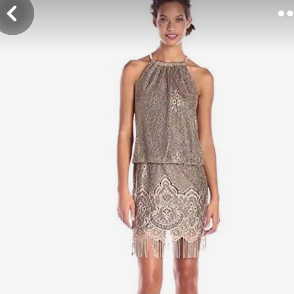 NWT SLNY Gold Blouson Halter Crochet Fringe Hem Short Dress Sz 8P - Picture 3 of 10